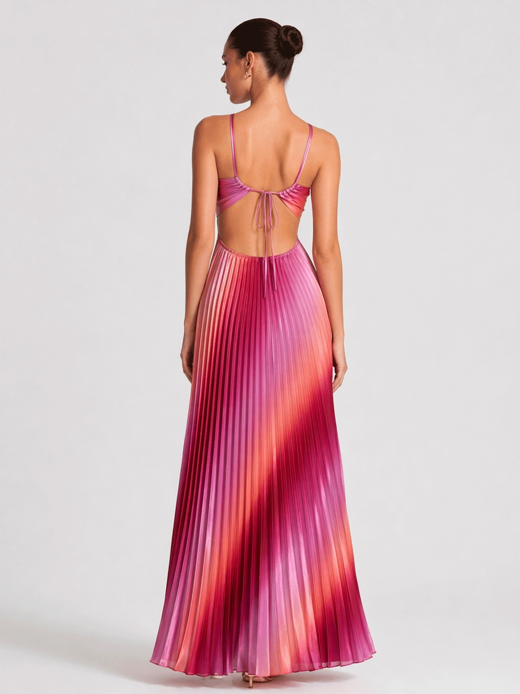 Rose-pink Ombre Satin Pleated Maxi Dress