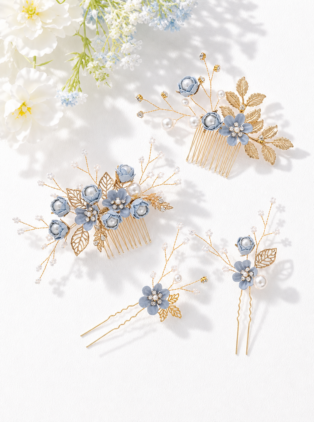 Zephrina floral pearl hair jewelry set with gold-tone leaves