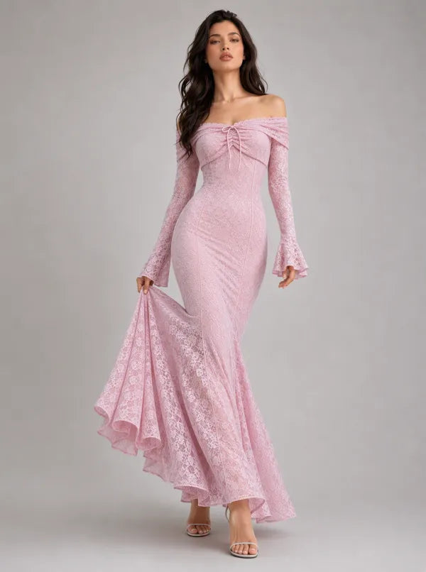 Zephrina Albertine off-shoulder lace maxi dress in pink