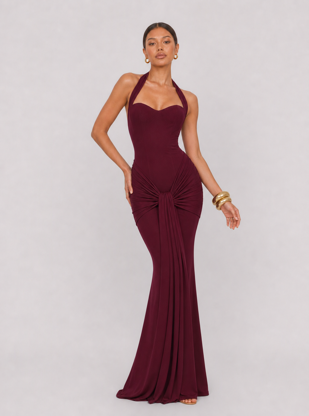 Zephrina Virelai halter ruched maxi dress