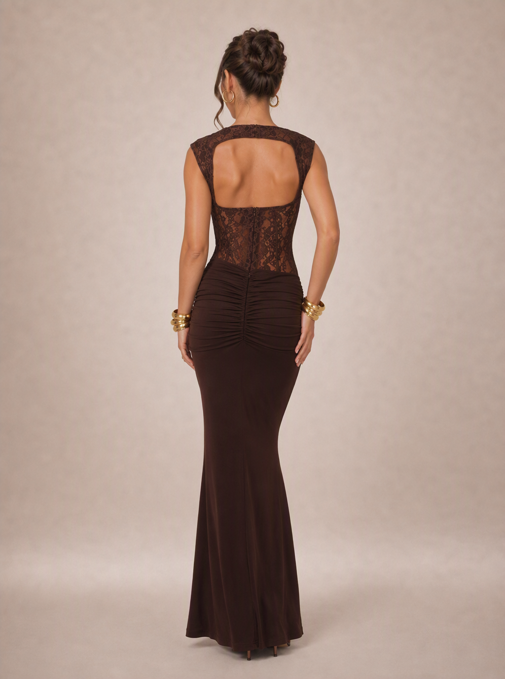 Zephrina Corisande lace-bodice maxi dress in dark brown