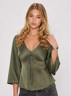 Zephrina Saskia tie-front satin blouse in green
