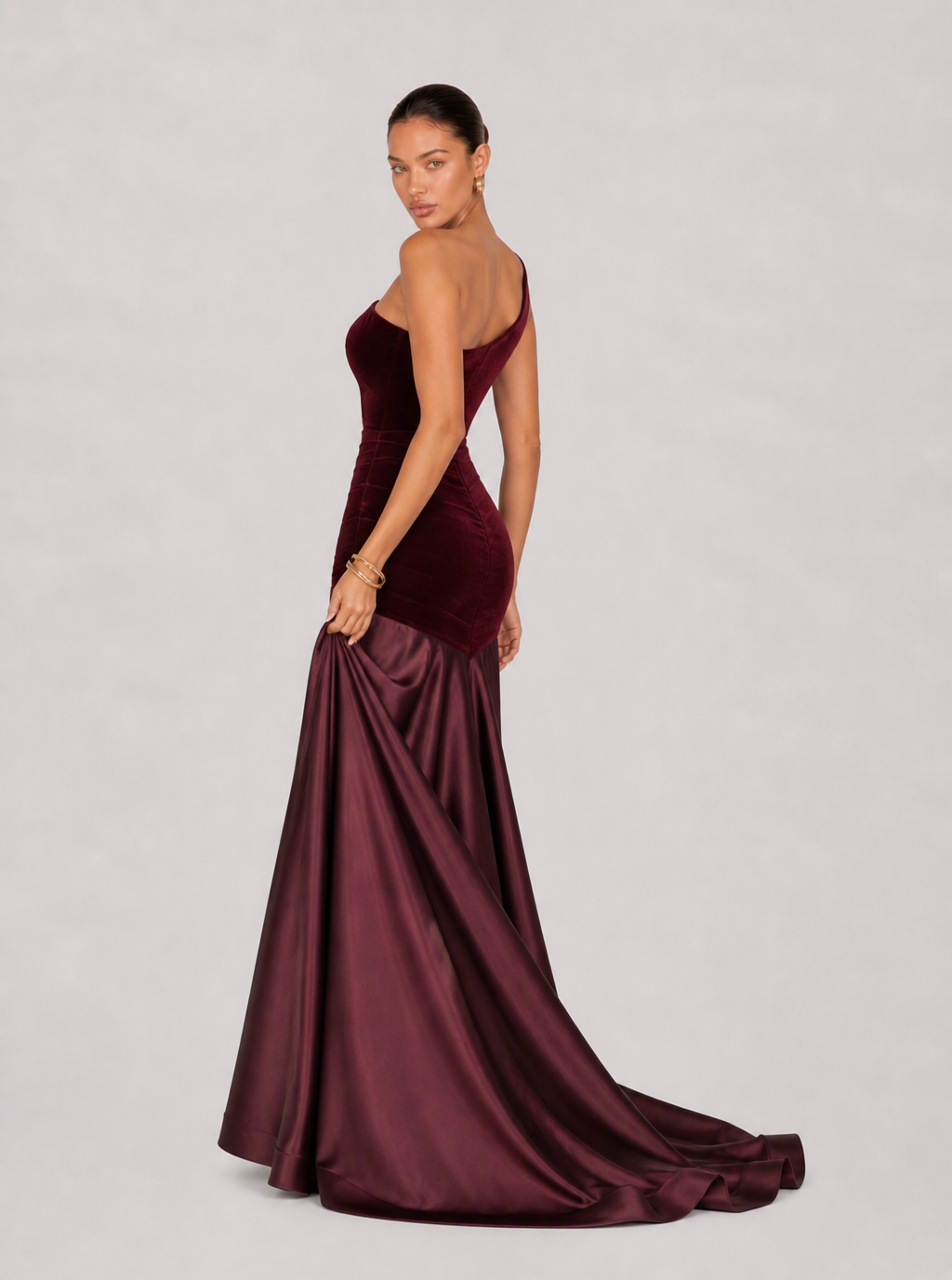 Zephrina Jessamine one-shoulder velvet maxi dress in burgundy