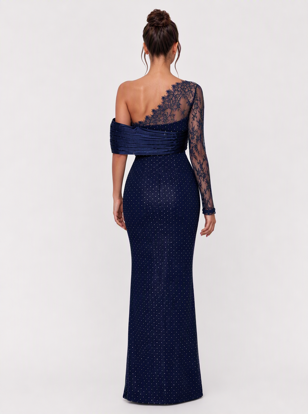 Zephrina Ottilia asymmetric lace satin maxi dress in navy