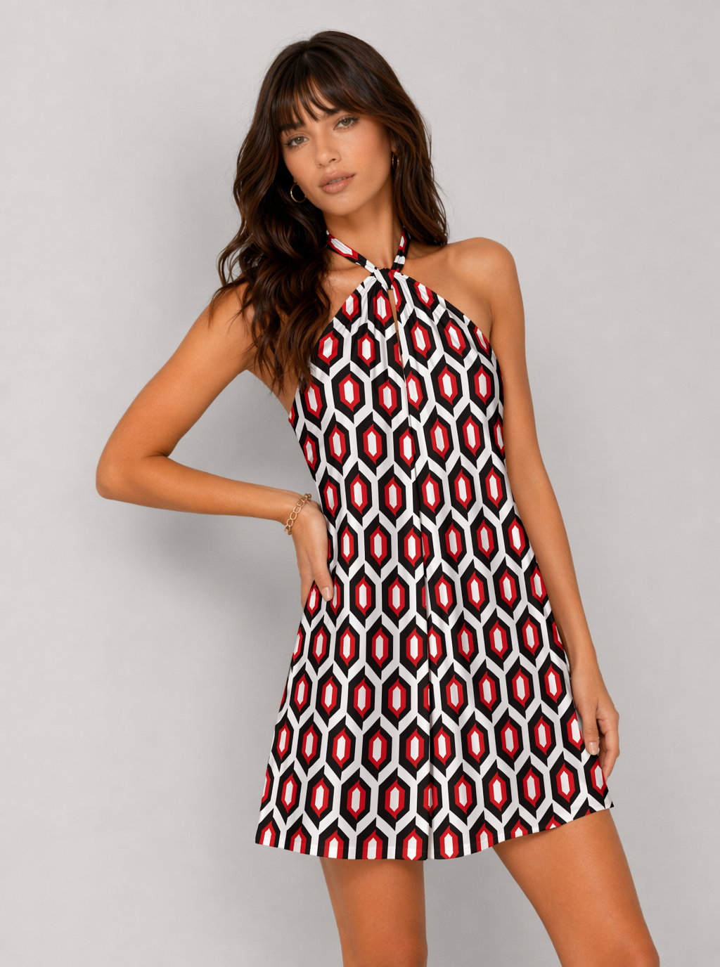 Zephrina Lavinia geometric halter mini dress in red