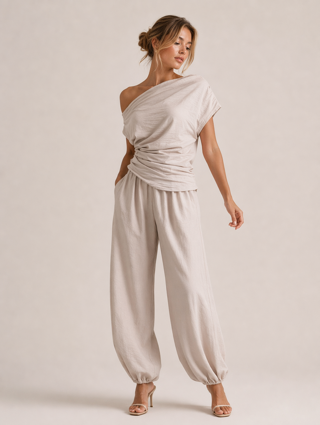 Off-the-shoulder Ruffled Top & Elasticated Jogger Pants Set