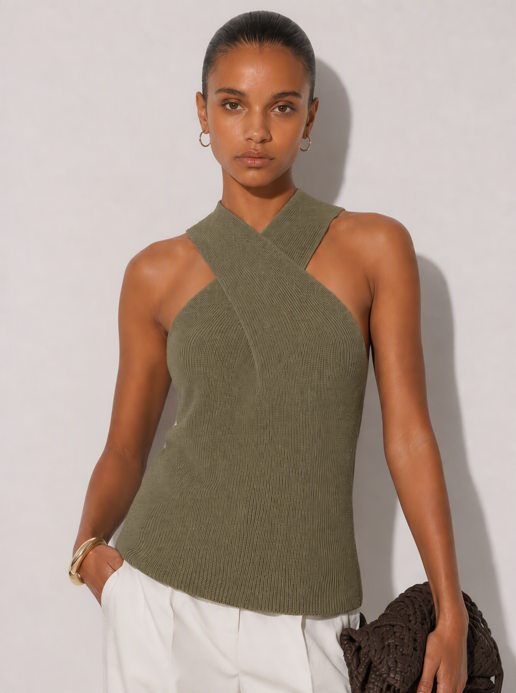 Zephrina Ondine cross halter knit top in khaki