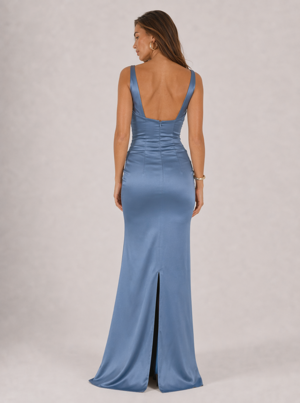 Zephrina blue ruched satin-look maxi dress with scoop neckline