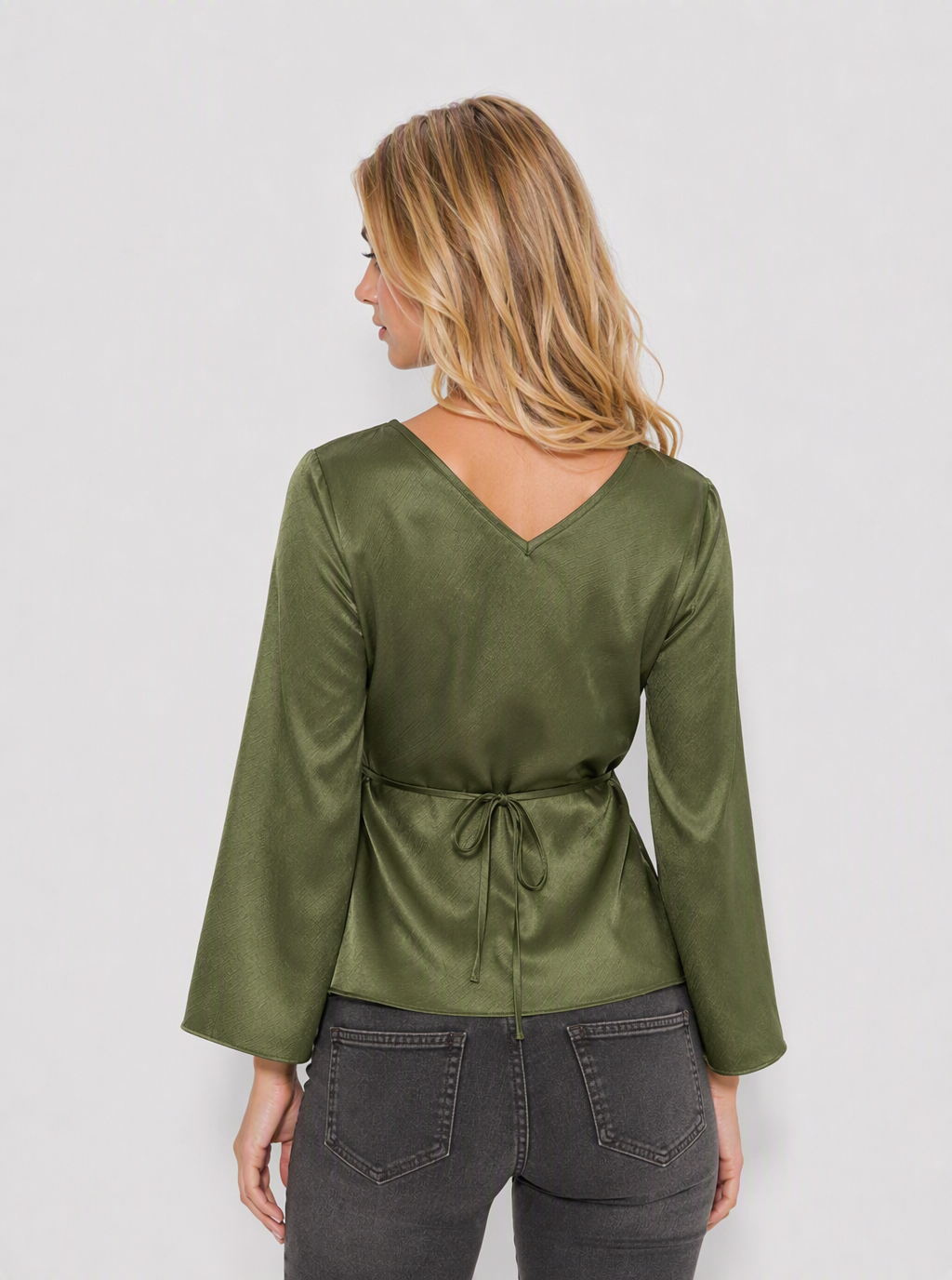Zephrina Saskia tie-front satin blouse in green
