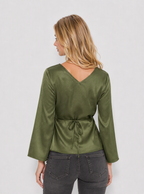 Zephrina Saskia tie-front satin blouse in green
