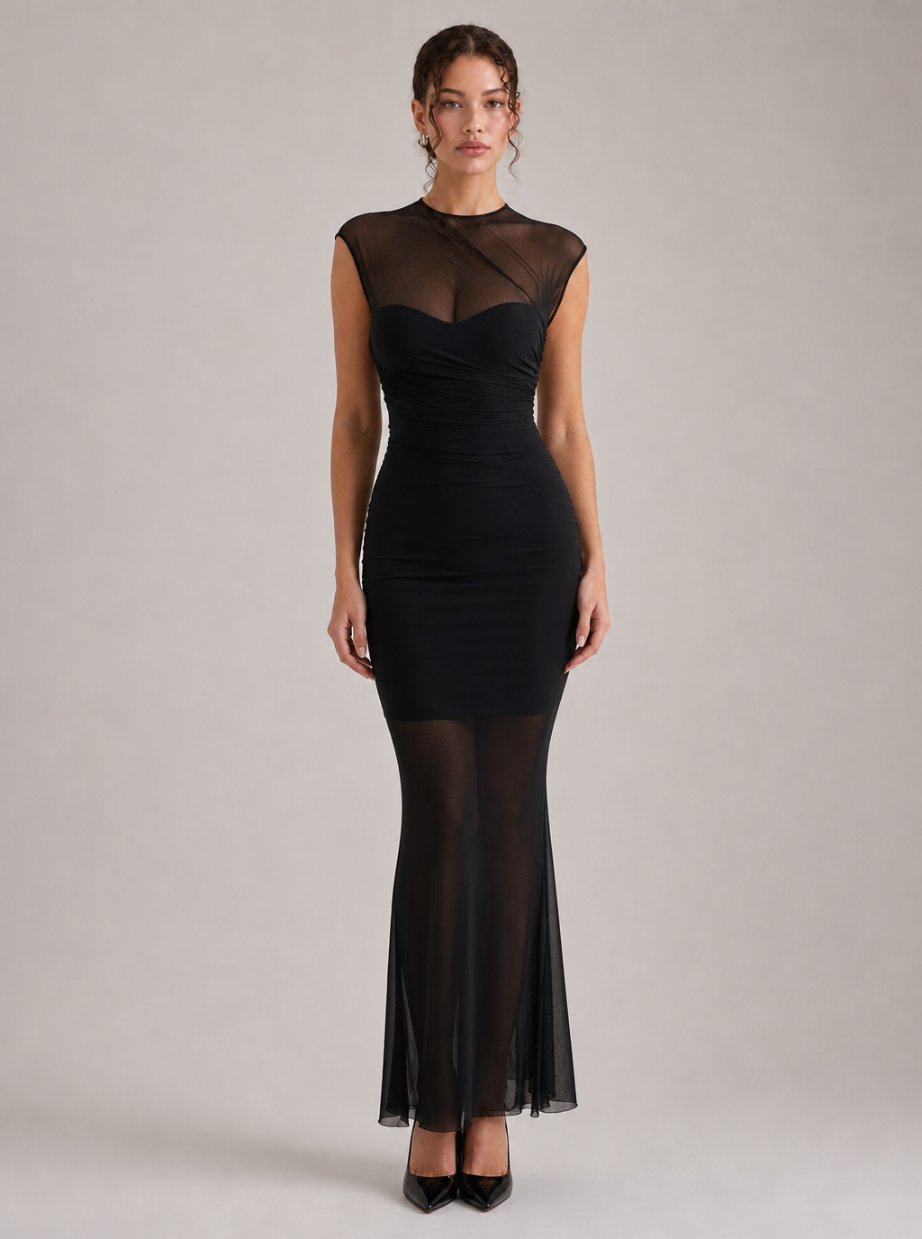 Zephrina Ophienne sheer mesh maxi dress in black