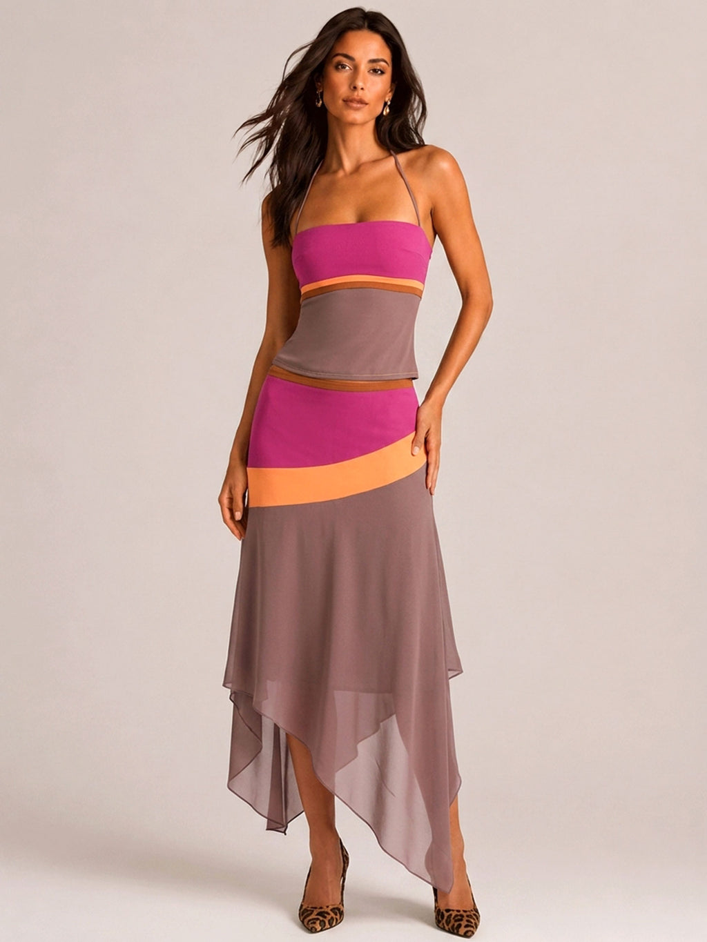 Block Halter Corset Top & Asymmetrical Midi Skirt Two Piece Matching Set