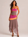 Block Halter Corset Top & Asymmetrical Midi Skirt Two Piece Matching Set