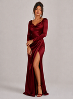 Zephrina Valentina draped satin slit maxi dress in black