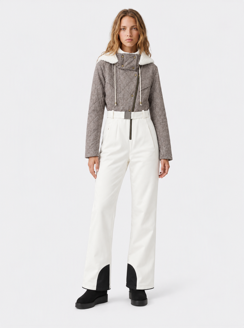 Zephrina Zosia textured contrast one-piece ski suit with a light brown bodice and white legs