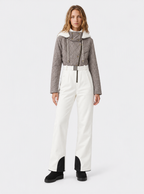 Zephrina Zosia textured contrast one-piece ski suit with a light brown bodice and white legs