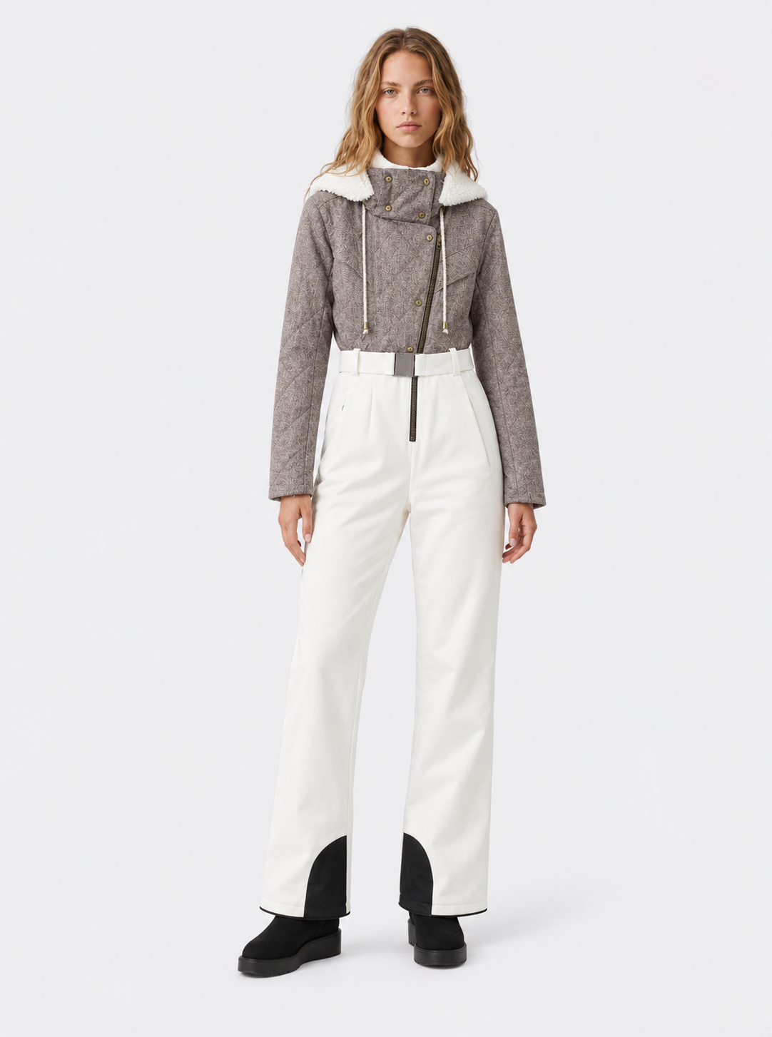Zephrina Zosia textured contrast one-piece ski suit with a light brown bodice and white legs