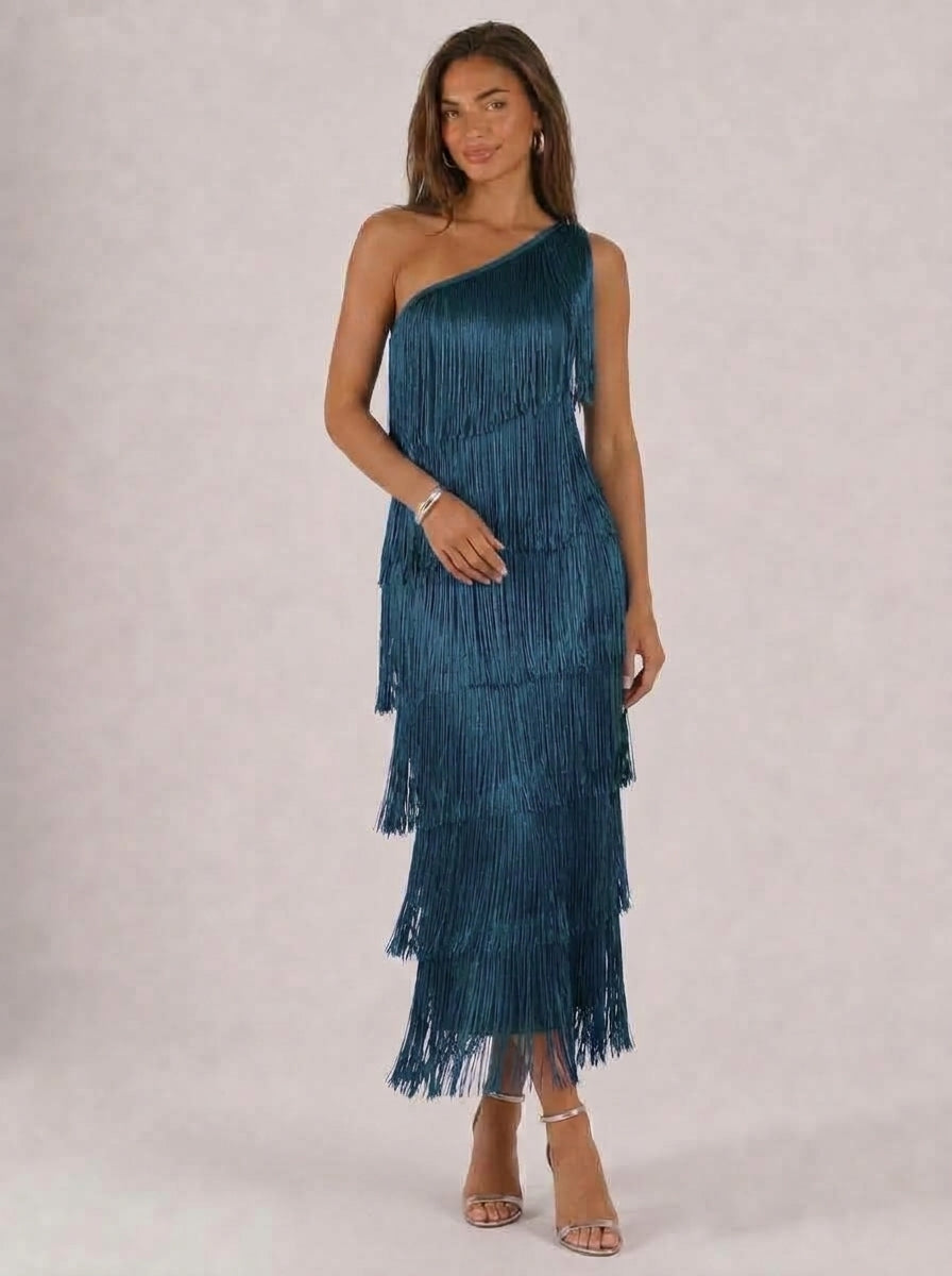 Zephrina Orielle one-shoulder fringe midi dress in royal blue