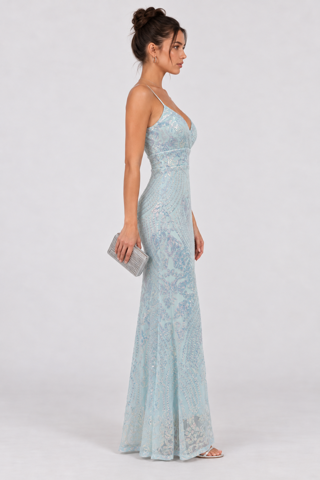 Zephrina Celandina patterned sequin maxi dress in sky blue