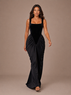 Zephrina Eluned draped contrast velvet maxi dress in black