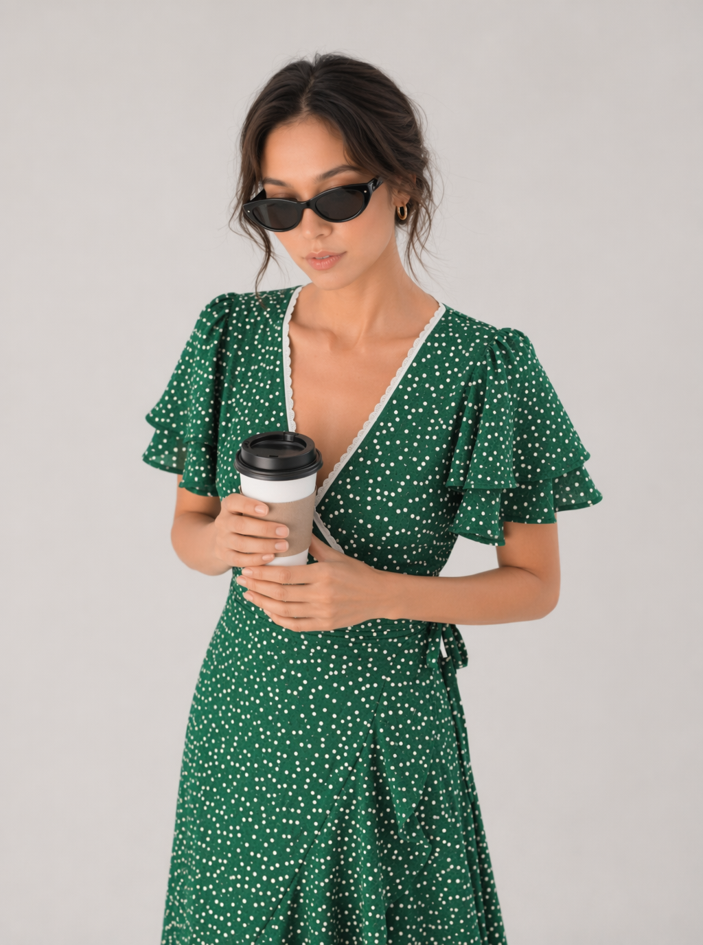Zephrina Fiora polka dot ruffle midi dress in green