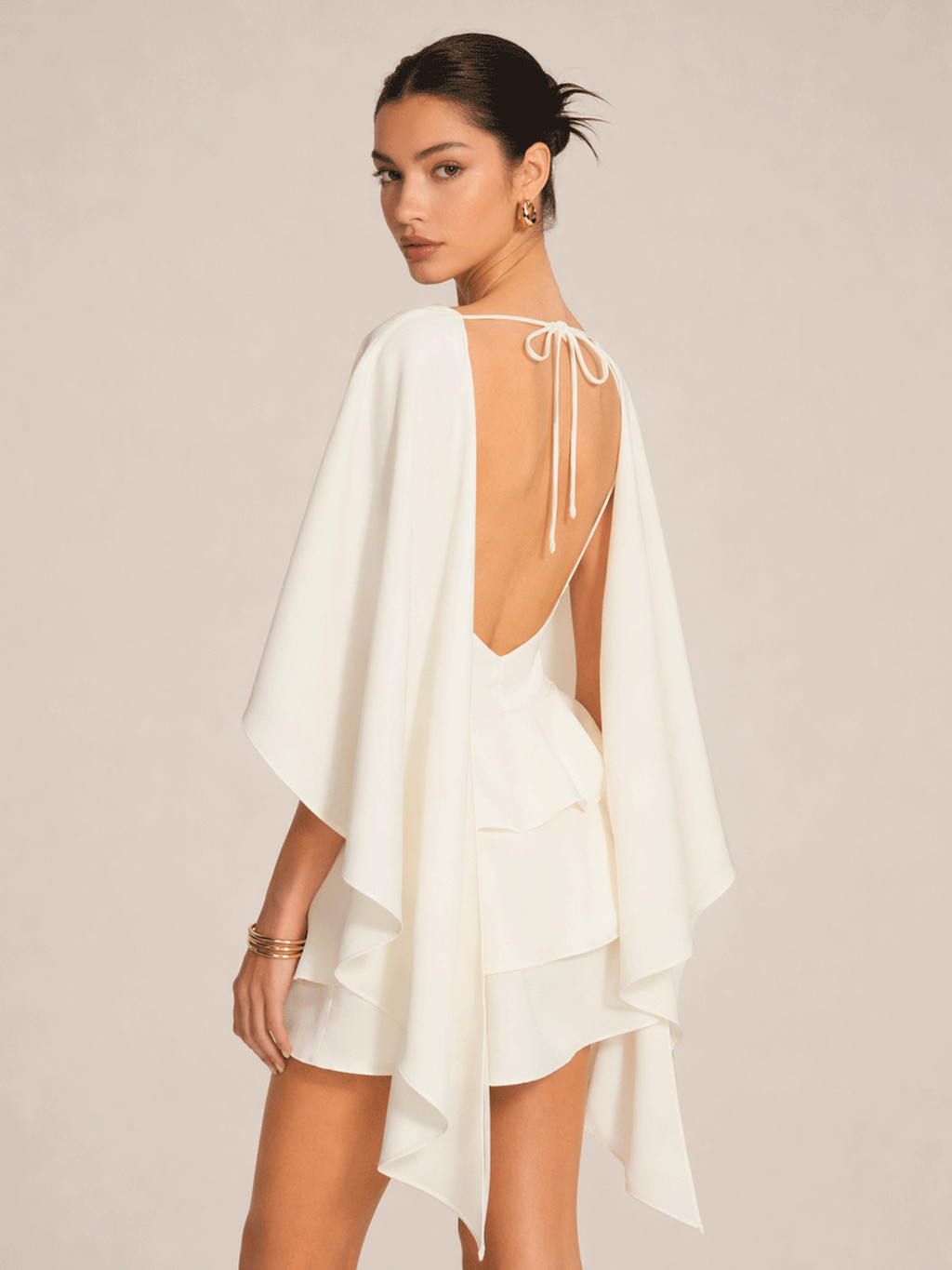 White Satin Ruffled Mini Dress with Shawl Panel Detail