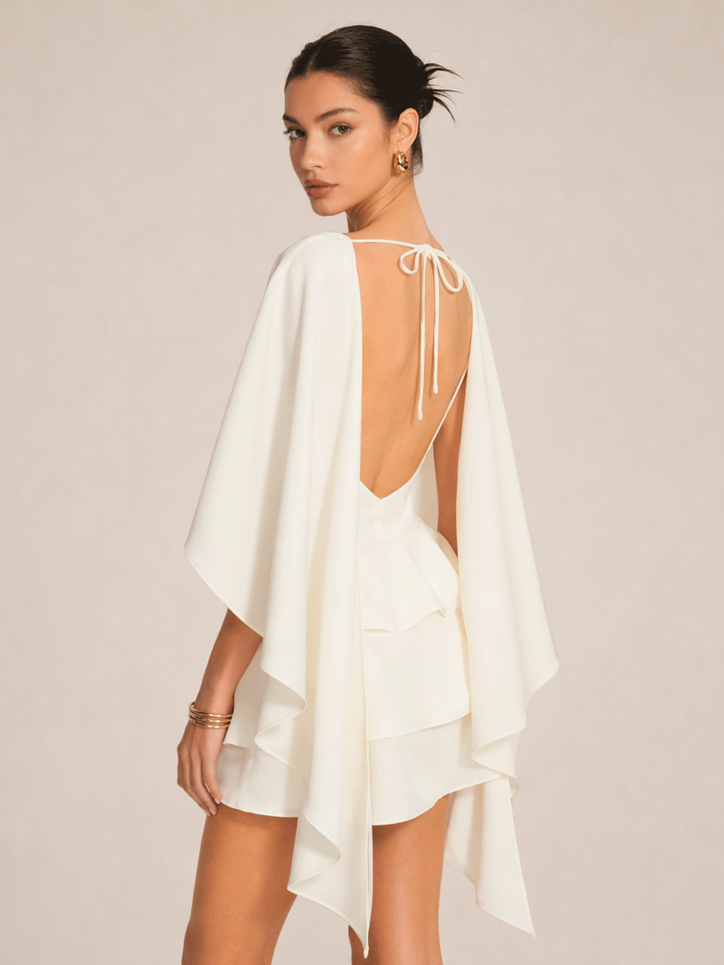 White Satin Ruffled Mini Dress with Shawl Panel Detail