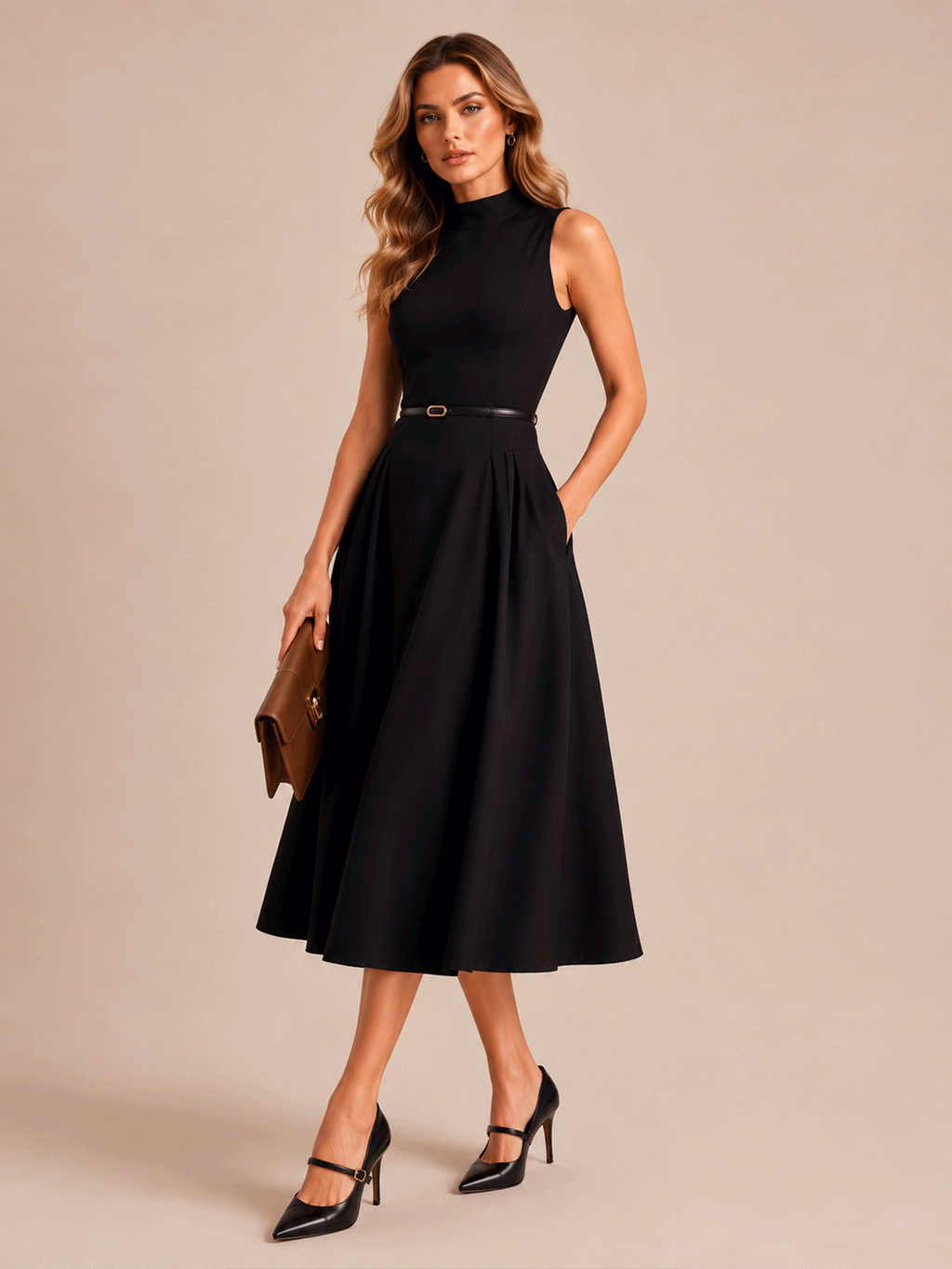 Sleeveless High Neck Pocket Midi Dress