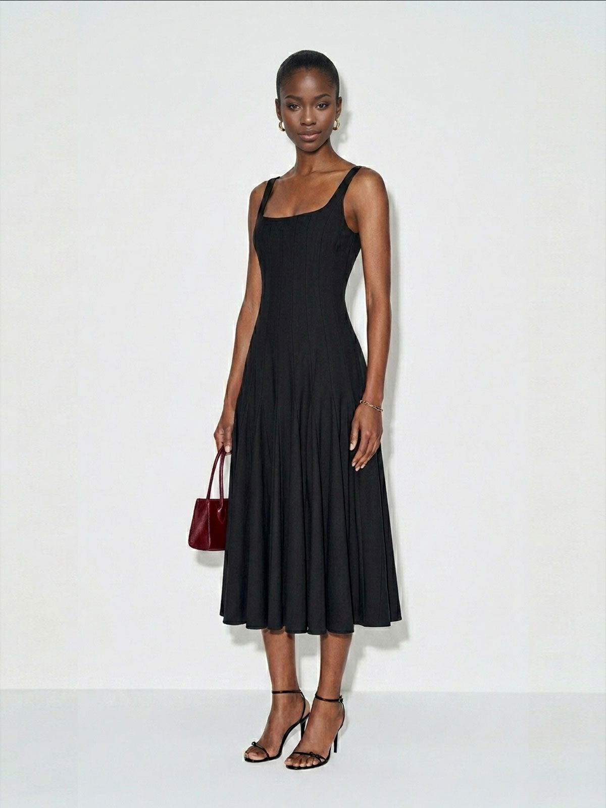 Black Square-Neck Drop-Waist Pleated Midi Dress