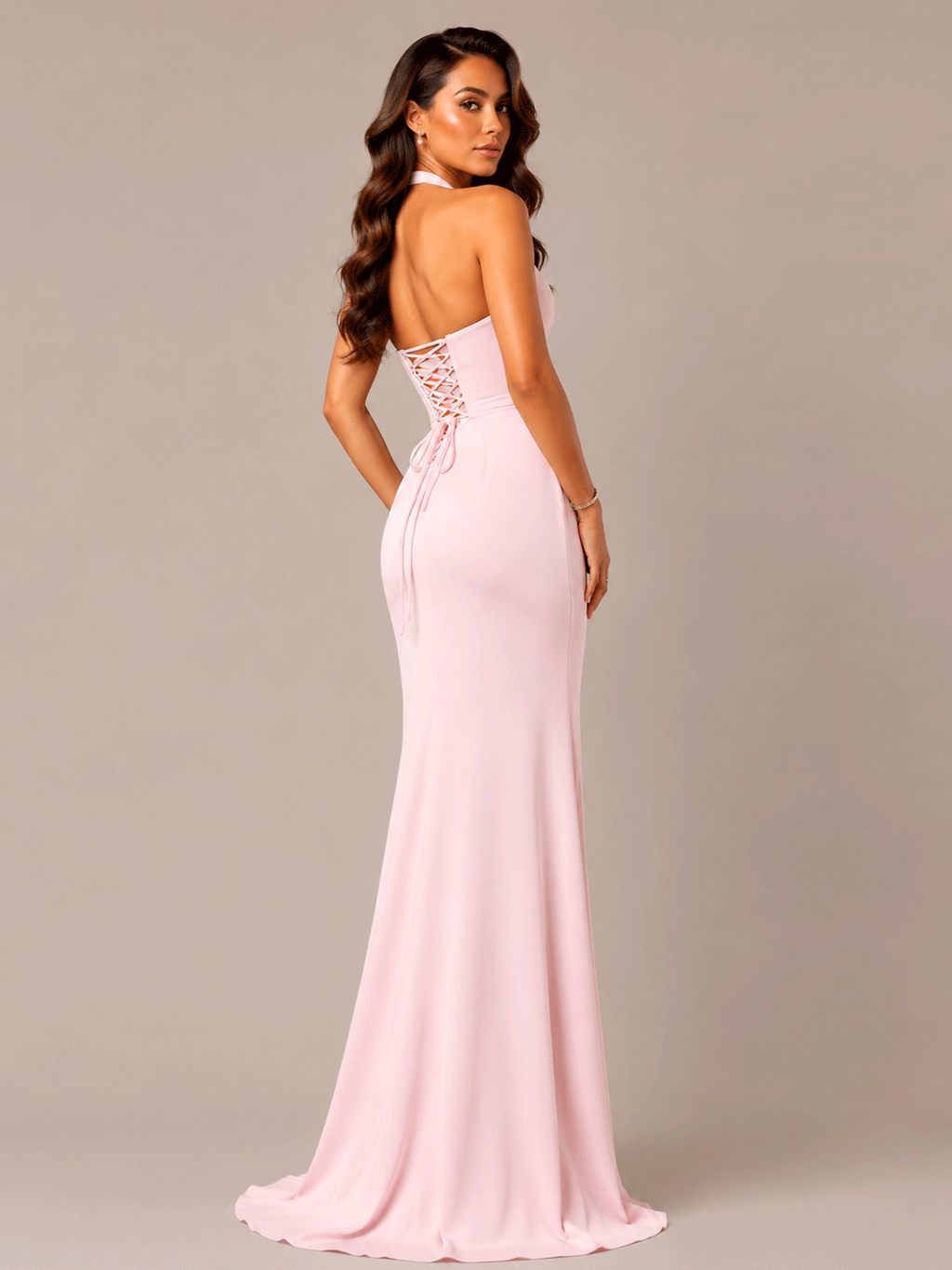Halter V Neck Satin Gown