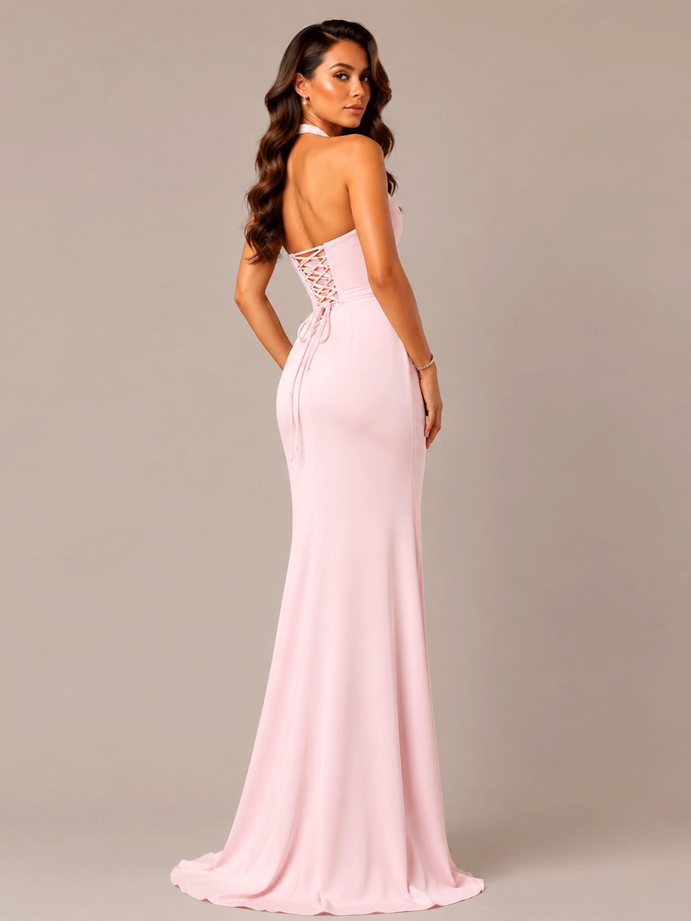 Halter V Neck Satin Gown