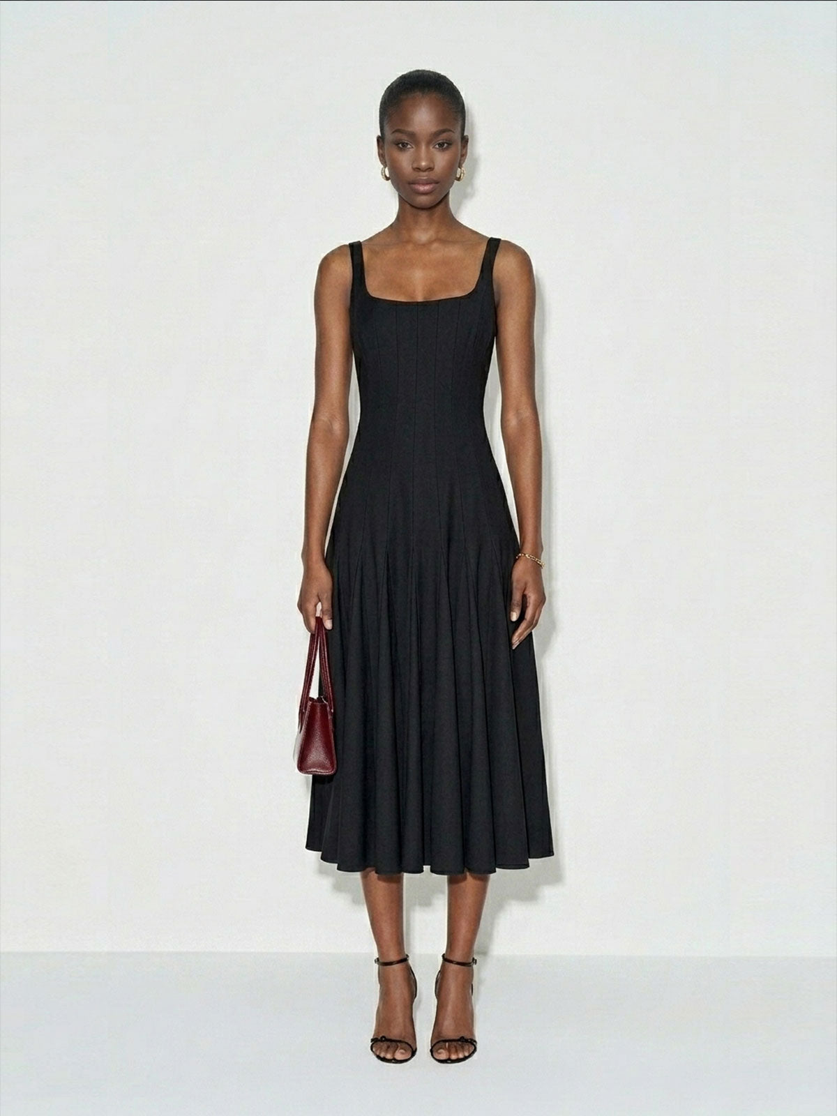 Black Square-Neck Drop-Waist Pleated Midi Dress