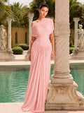 Elegant Draped Shoulder Ruched Maxi Dress