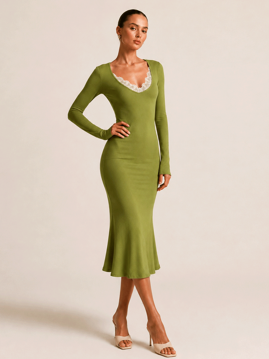 Lace Trim V Neck Long Sleeve Dress