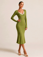 Giselle Meerjungfrauen-Midikleid mit langen Ärmeln und Spitzenbesatz