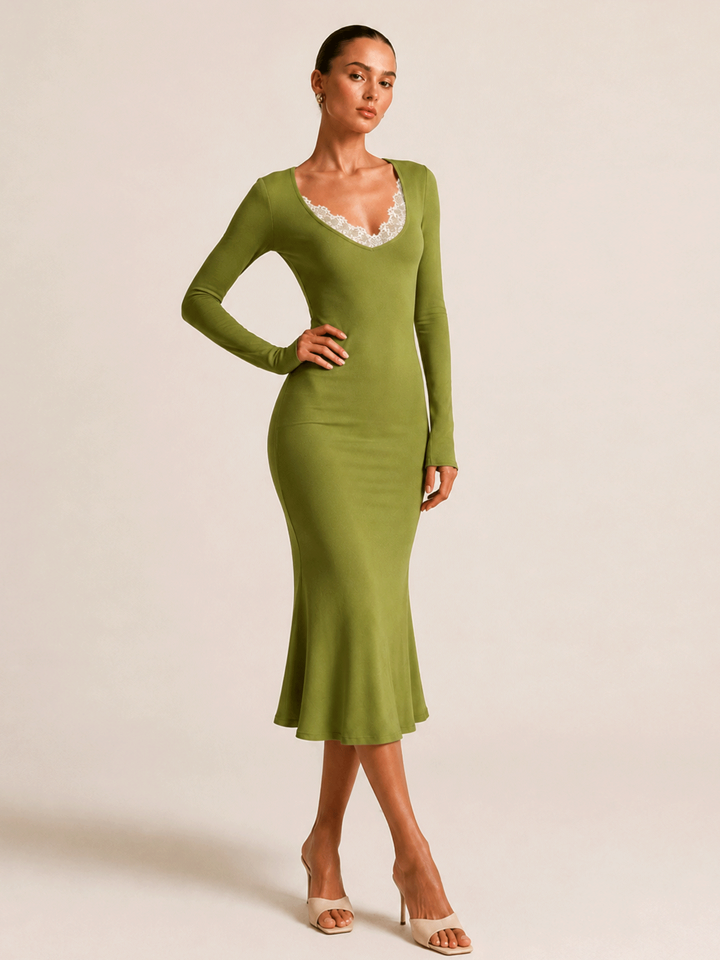 Lace Trim V Neck Long Sleeve Dress