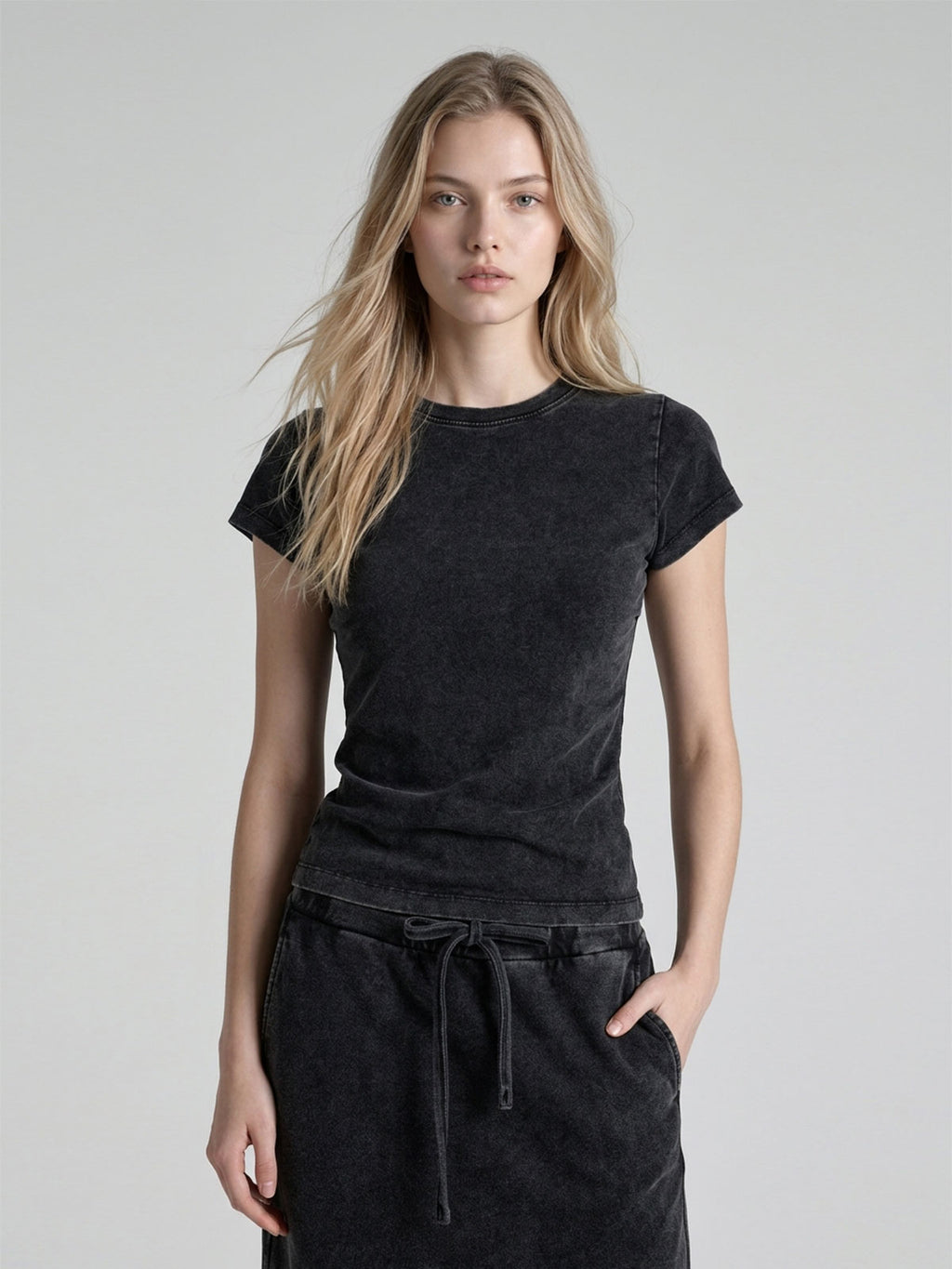 Washed Crewneck Tee & Drawstring Maxi Skirt Set