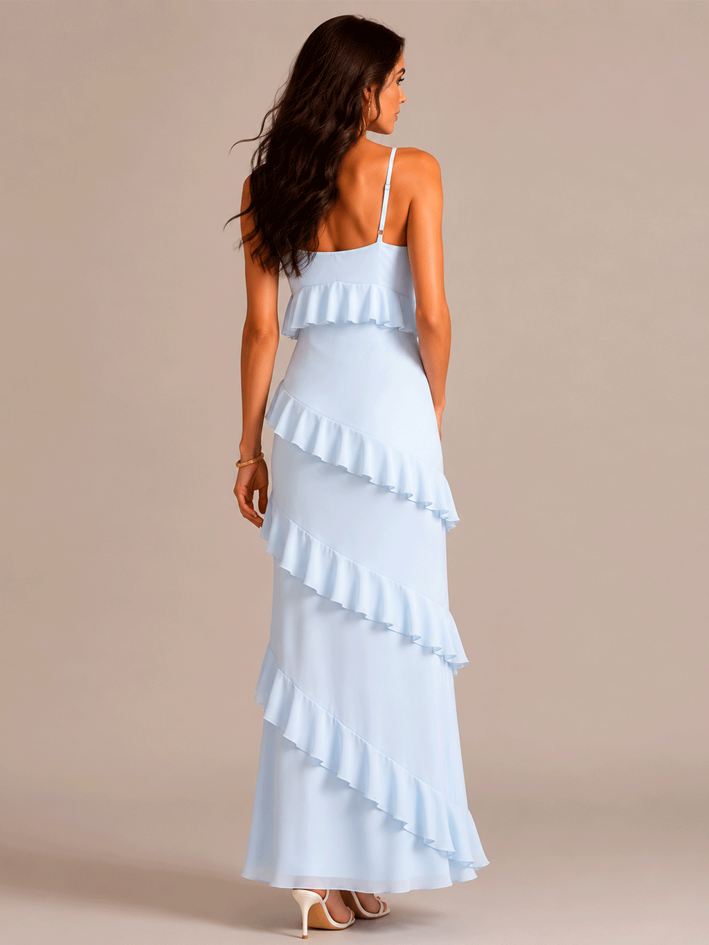 Spaghetti-Strap V-Neck Ruffled Maxi Dress