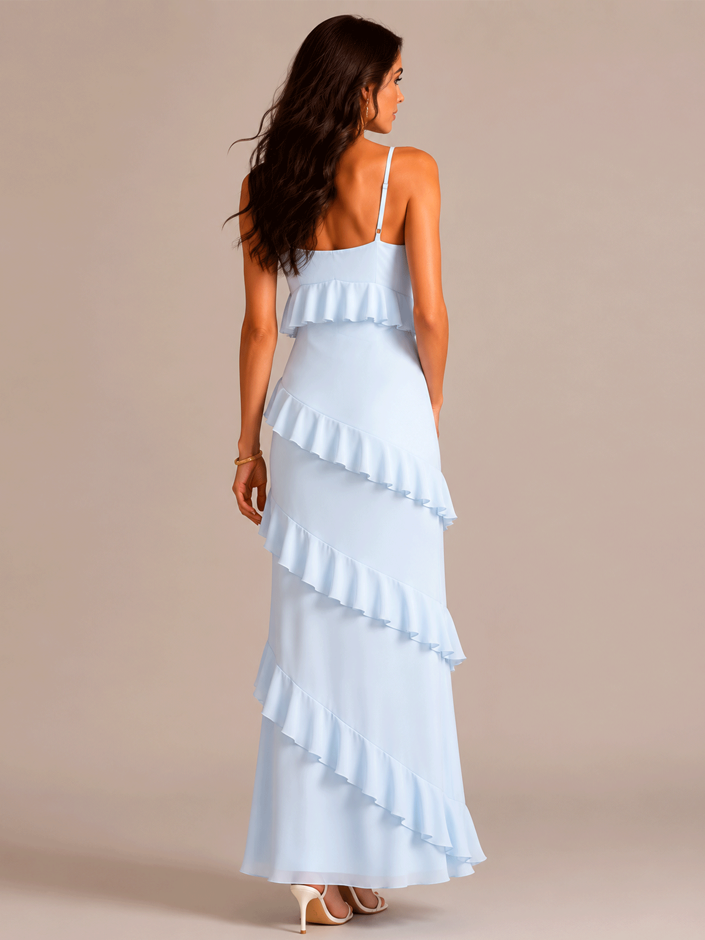 Spaghetti-Strap V-Neck Ruffled Maxi Dress