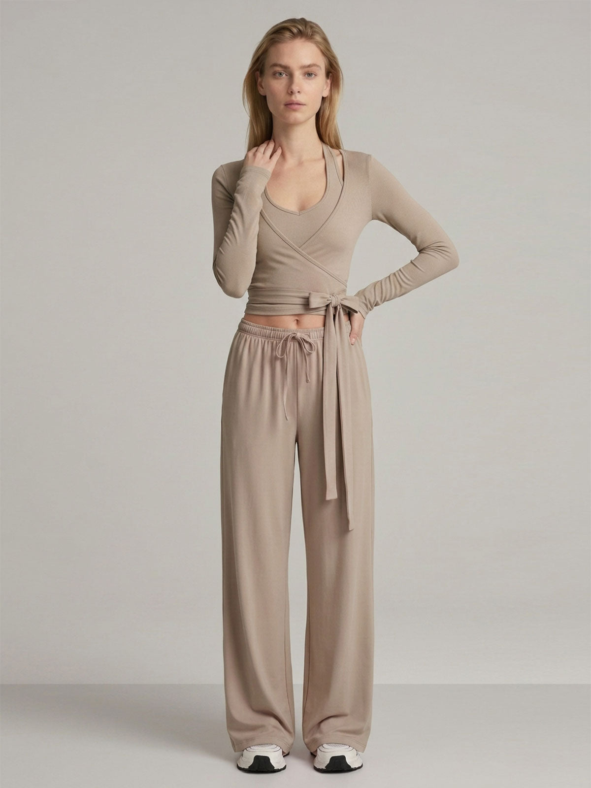 Ballet-Inspired Wrap Top & Wide-Leg Pants Set