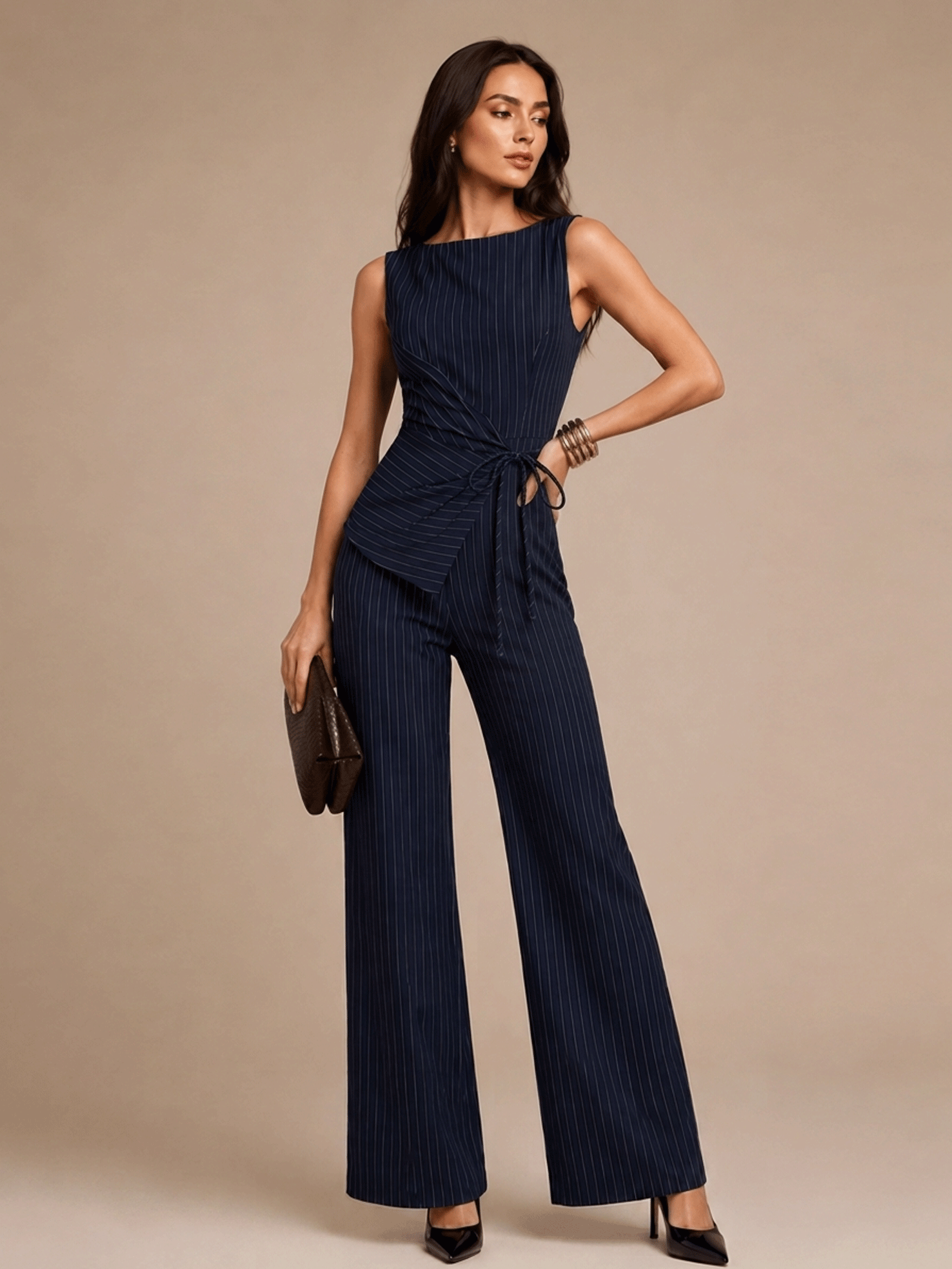 Navy blue pinstriped sleeveless wrap wide-leg pants Set