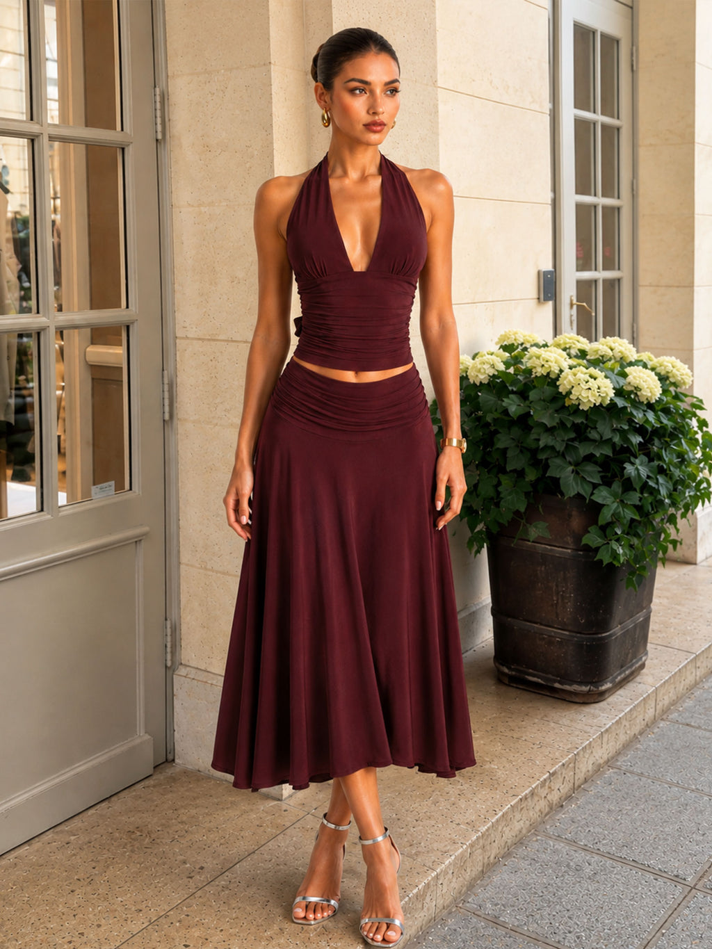Sultry Halter  Crop Top + High-Waisted Maxi Skirt