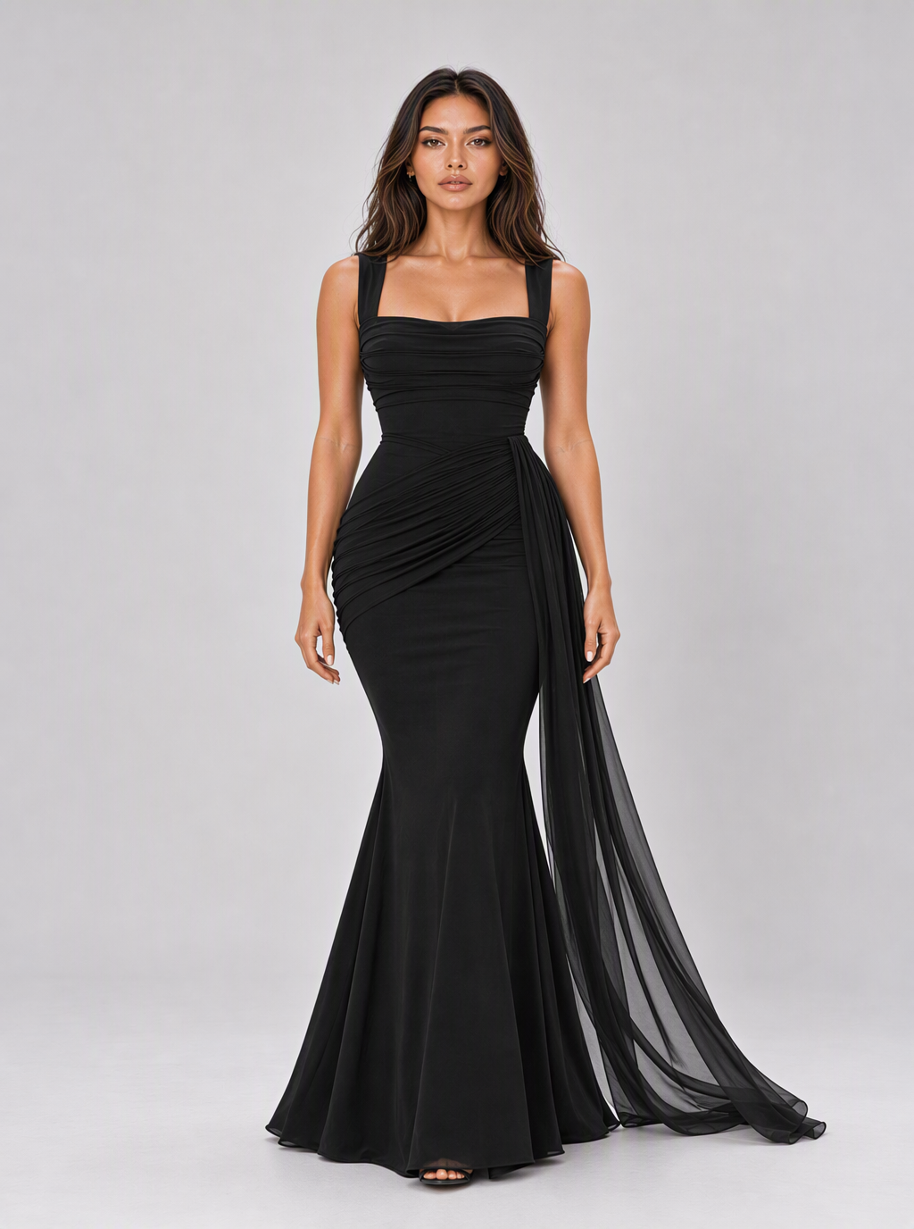 Maureen Ruched Mesh-Drape Maxi Dress