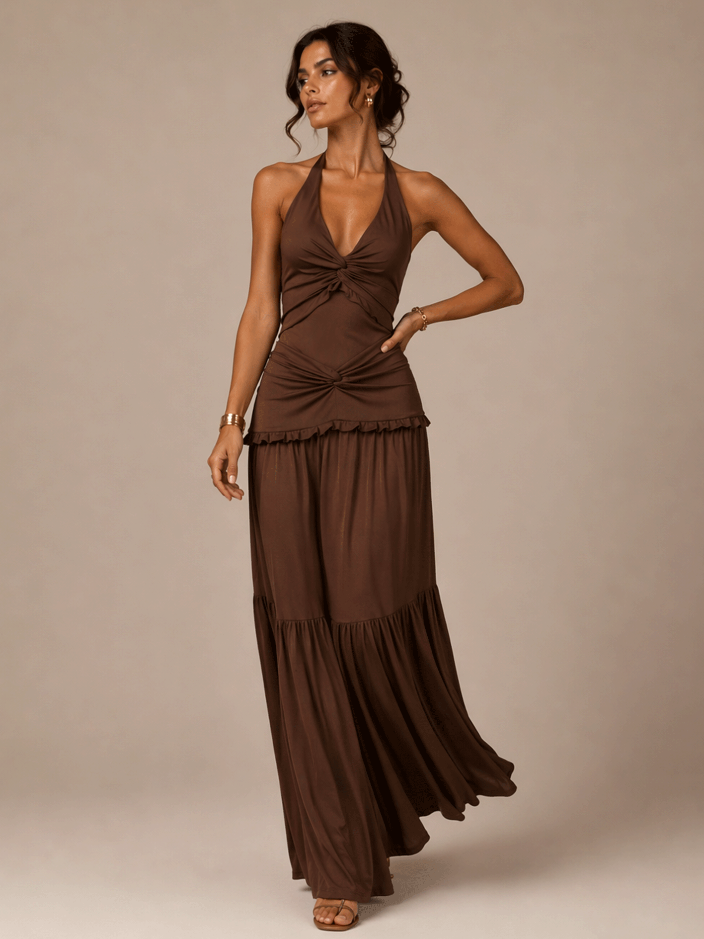 Draped Halter Open Back Maxi Dress