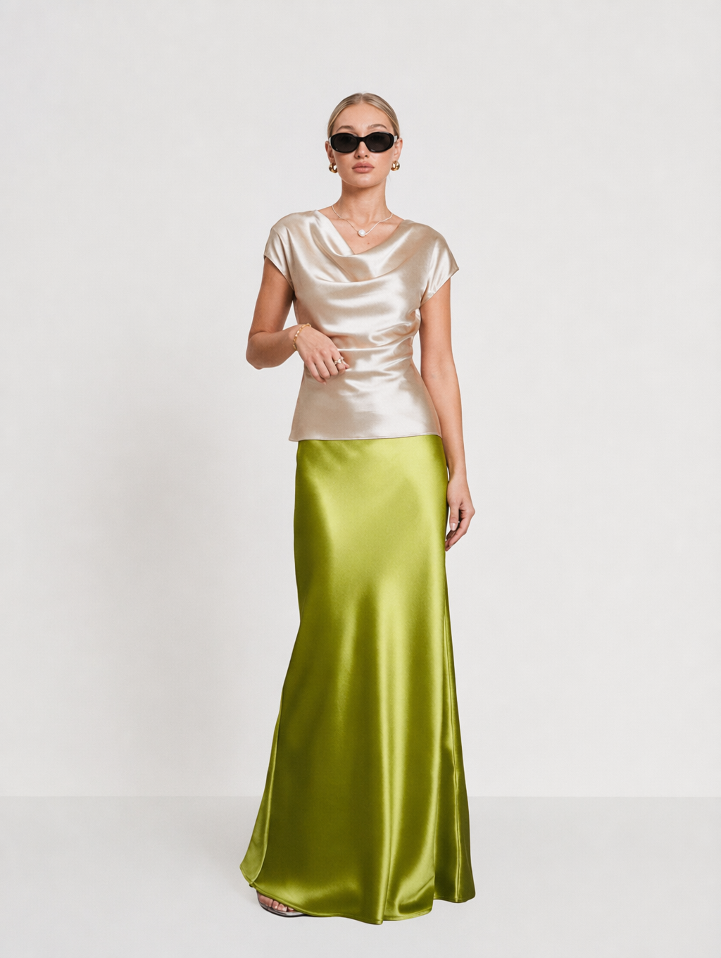 Elegant Acetate Satin Cowl Neck Top + Maxi Skirt Set