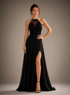 Anastasie Lace-Halter Chiffon Slit Maxi Dress