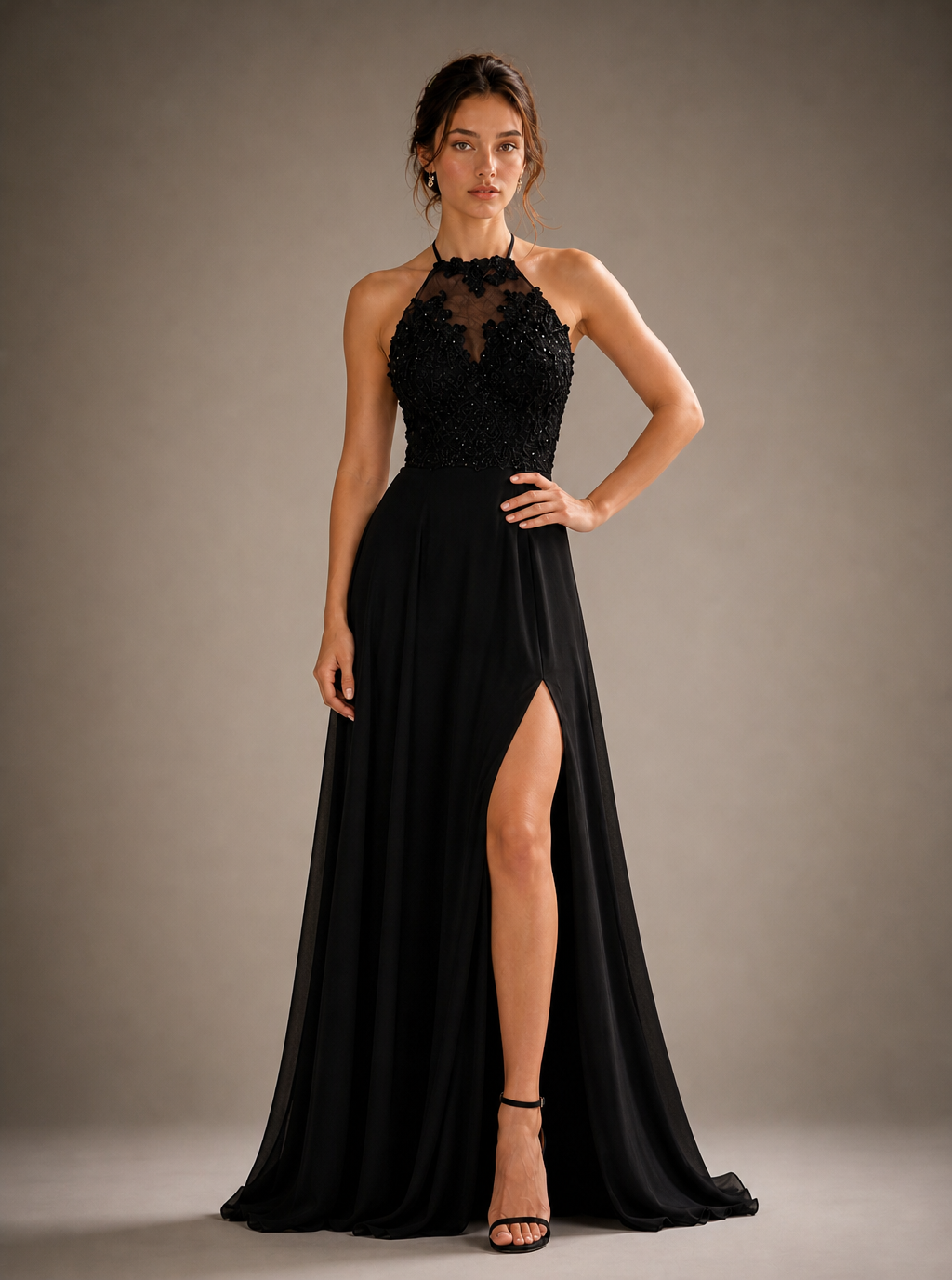 Anastasie Lace-Halter Chiffon Slit Maxi Dress