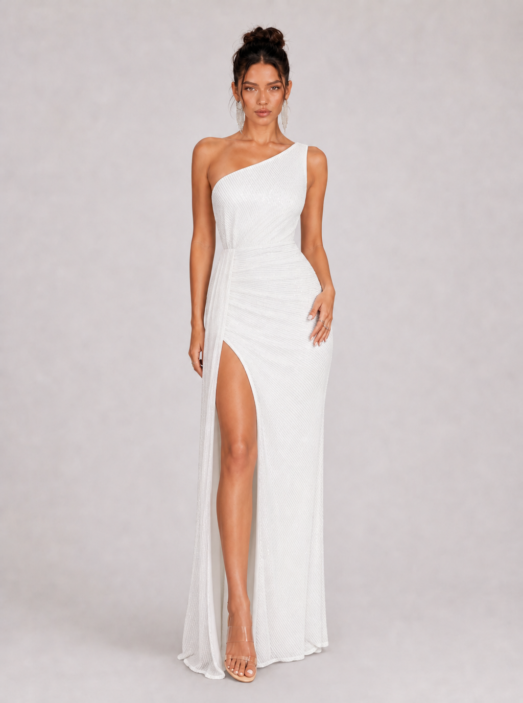 Zephrina Donatella one-shoulder sequin slit maxi dress in black