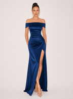 Zephrina off-shoulder satin-look slit maxi dress in navy