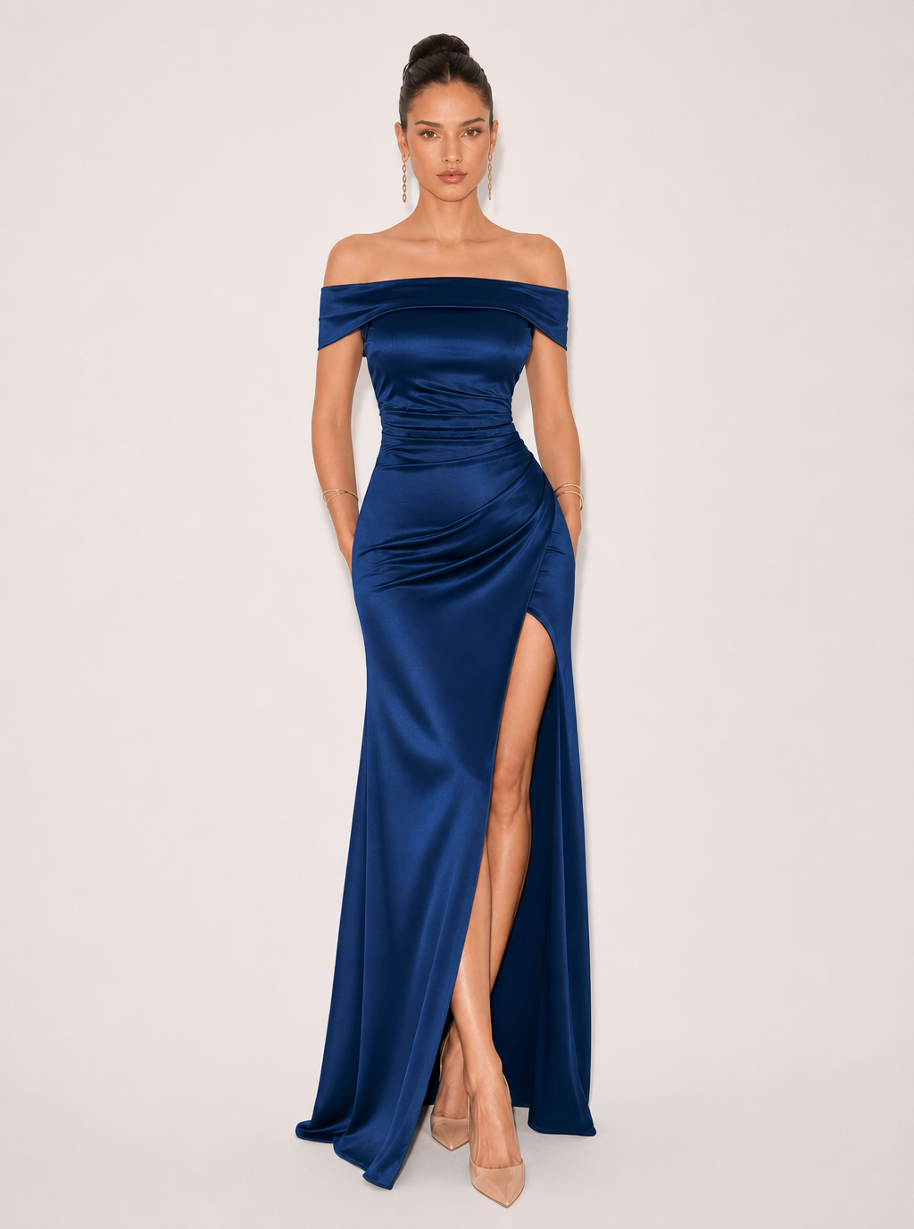 Zephrina off-shoulder satin-look slit maxi dress in navy